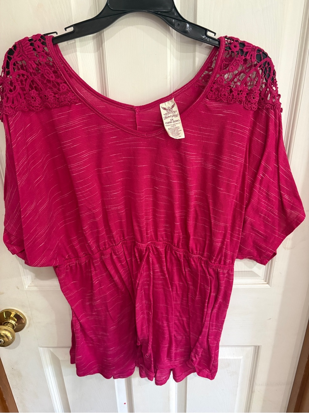 Faded Glory Crochet Shoulder Drawstring Top — Fuchsia
